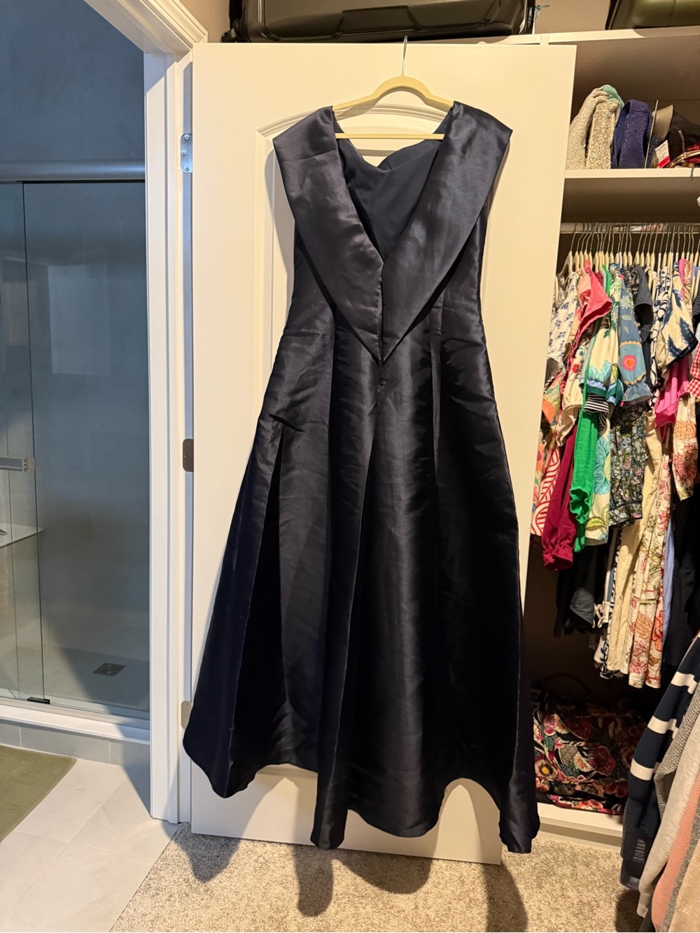 Satin full length  V-back A-Line Dress in Navy NWt